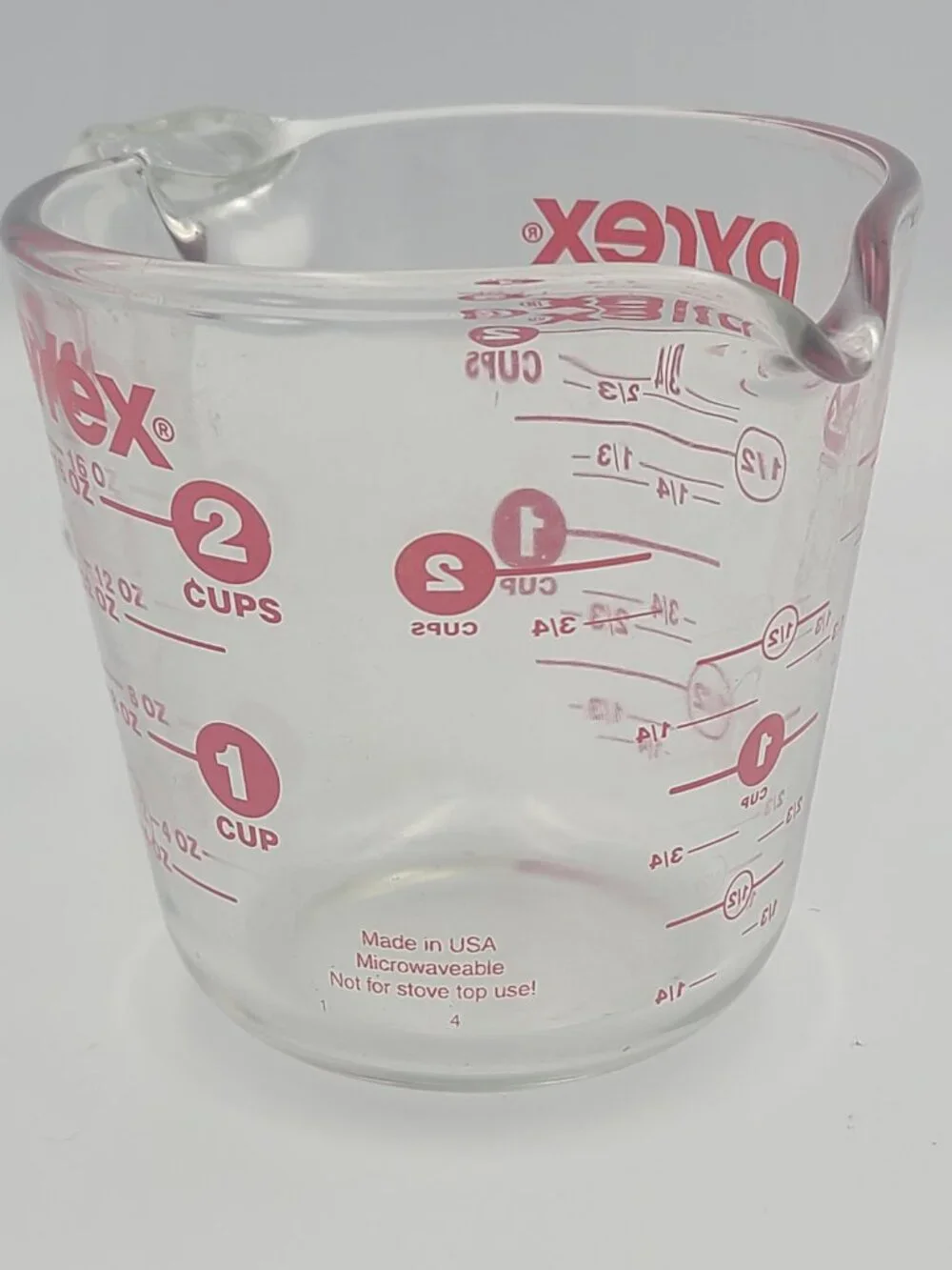 Vtg Pyrex 2 Cup Glass Measuring Cup Red Circle Numbers 16 oz USA J Hook Handle